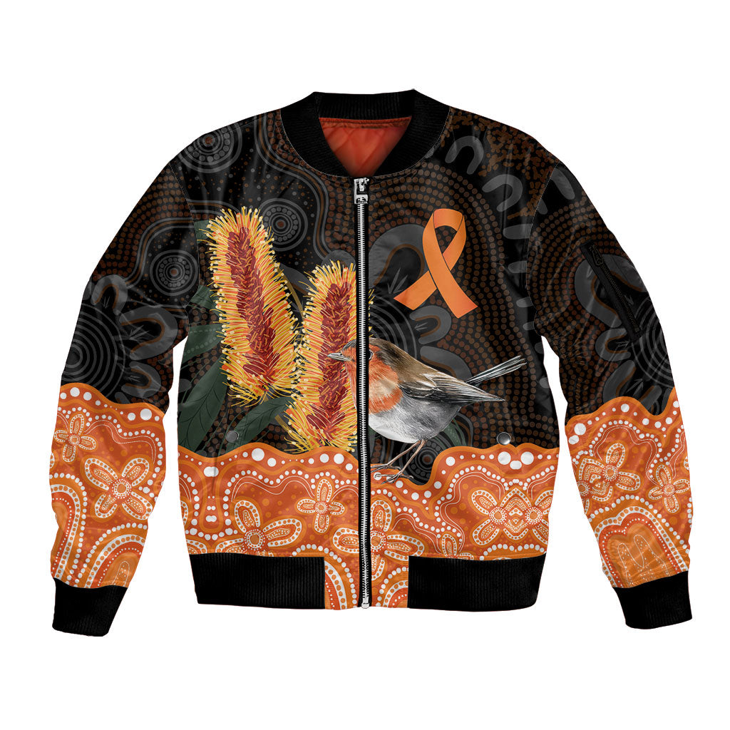 Australia Leukemia Awareness Month Sleeve Zip Bomber Jacket Flame Robin Bottlebrush Aboriginal Art