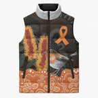 Australia Leukemia Awareness Month Sleeveless Puffer Jacket Flame Robin Bottlebrush Aboriginal Art