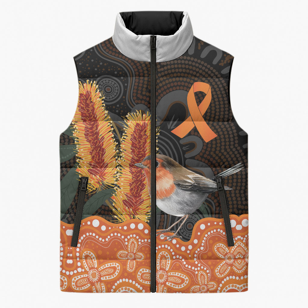 Australia Leukemia Awareness Month Sleeveless Puffer Jacket Flame Robin Bottlebrush Aboriginal Art