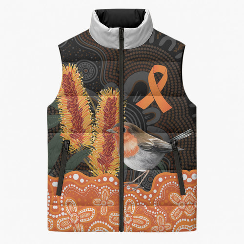 Australia Leukemia Awareness Month Sleeveless Puffer Jacket Flame Robin Bottlebrush Aboriginal Art