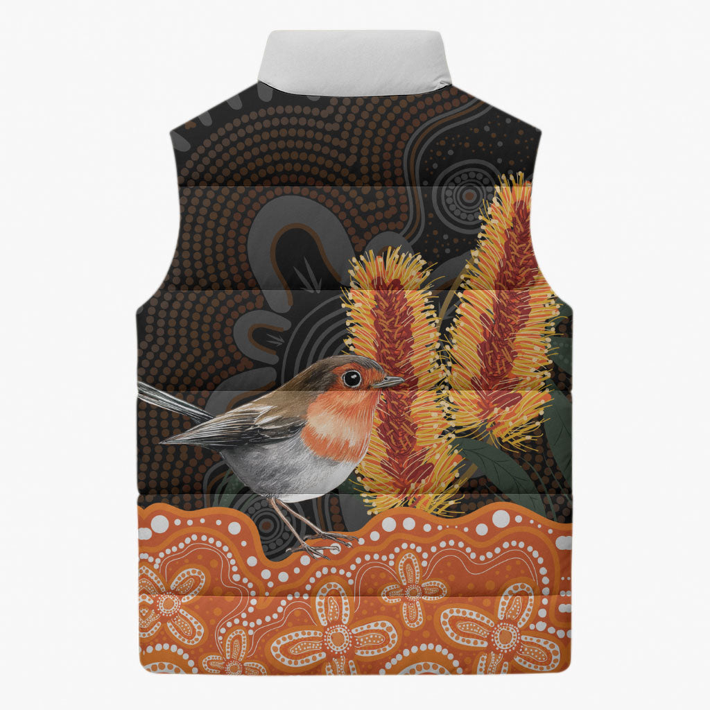 Australia Leukemia Awareness Month Sleeveless Puffer Jacket Flame Robin Bottlebrush Aboriginal Art