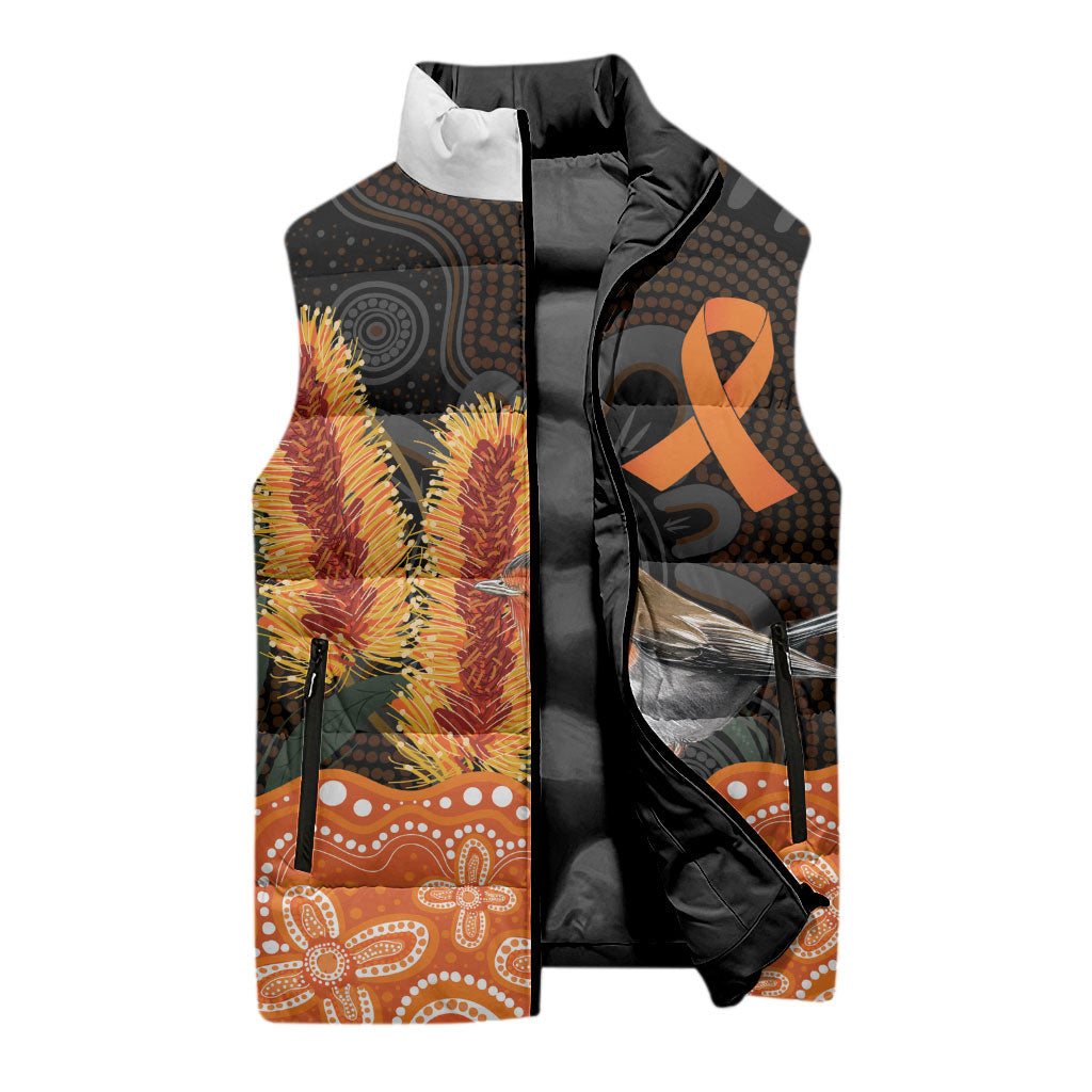 Australia Leukemia Awareness Month Sleeveless Puffer Jacket Flame Robin Bottlebrush Aboriginal Art