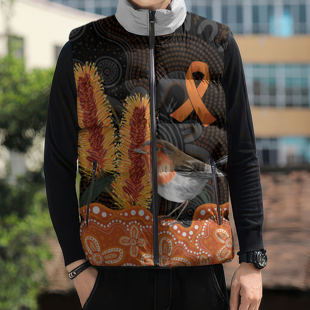 Australia Leukemia Awareness Month Sleeveless Puffer Jacket Flame Robin Bottlebrush Aboriginal Art
