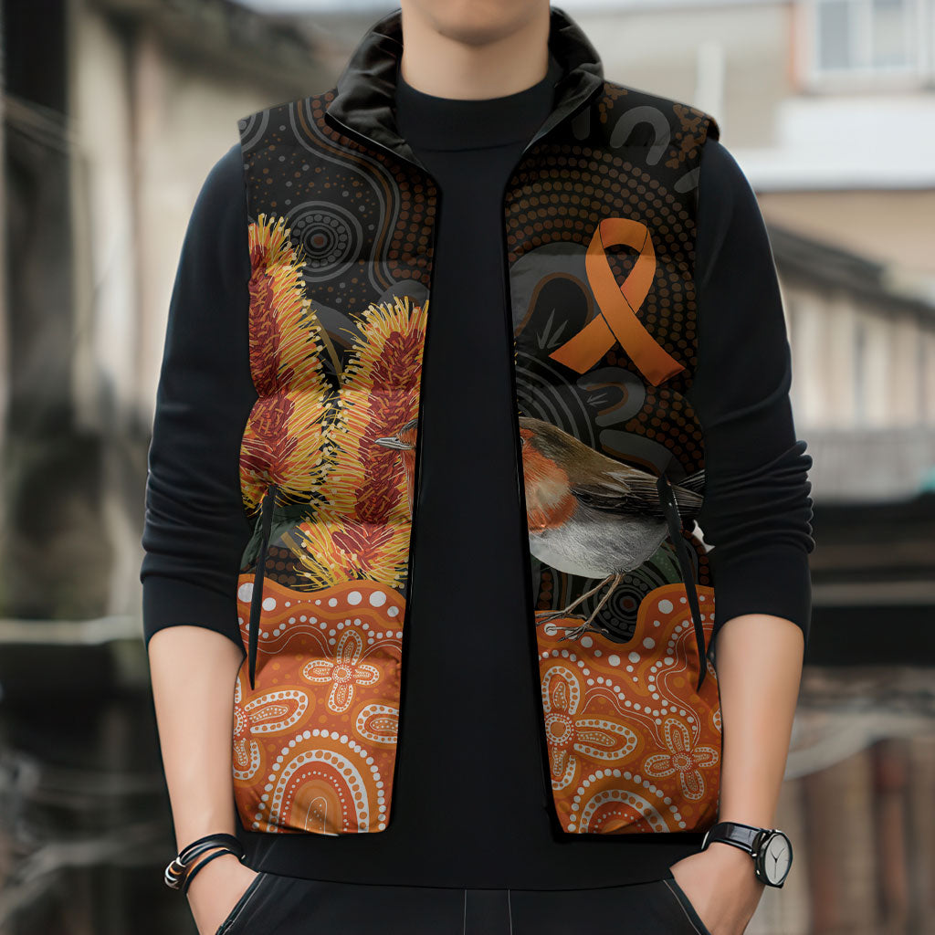 Australia Leukemia Awareness Month Sleeveless Puffer Jacket Flame Robin Bottlebrush Aboriginal Art
