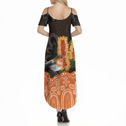 Australia Leukemia Awareness Month Summer Maxi Dress Flame Robin Bottlebrush Aboriginal Art