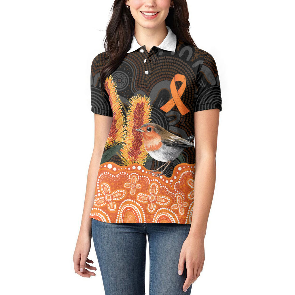 Australia Leukemia Awareness Month Women Polo Shirt Flame Robin Bottlebrush Aboriginal Art
