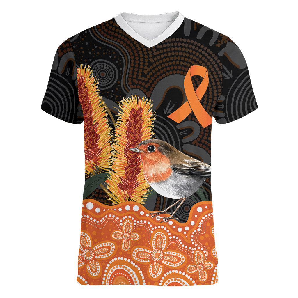 Australia Leukemia Awareness Month Women V-Neck T-Shirt Flame Robin Bottlebrush Aboriginal Art