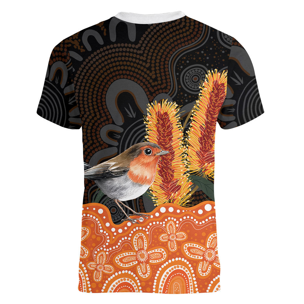 Australia Leukemia Awareness Month Women V-Neck T-Shirt Flame Robin Bottlebrush Aboriginal Art
