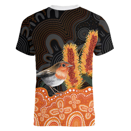 Australia Leukemia Awareness Month Women V-Neck T-Shirt Flame Robin Bottlebrush Aboriginal Art