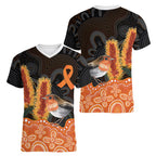 Australia Leukemia Awareness Month Women V-Neck T-Shirt Flame Robin Bottlebrush Aboriginal Art