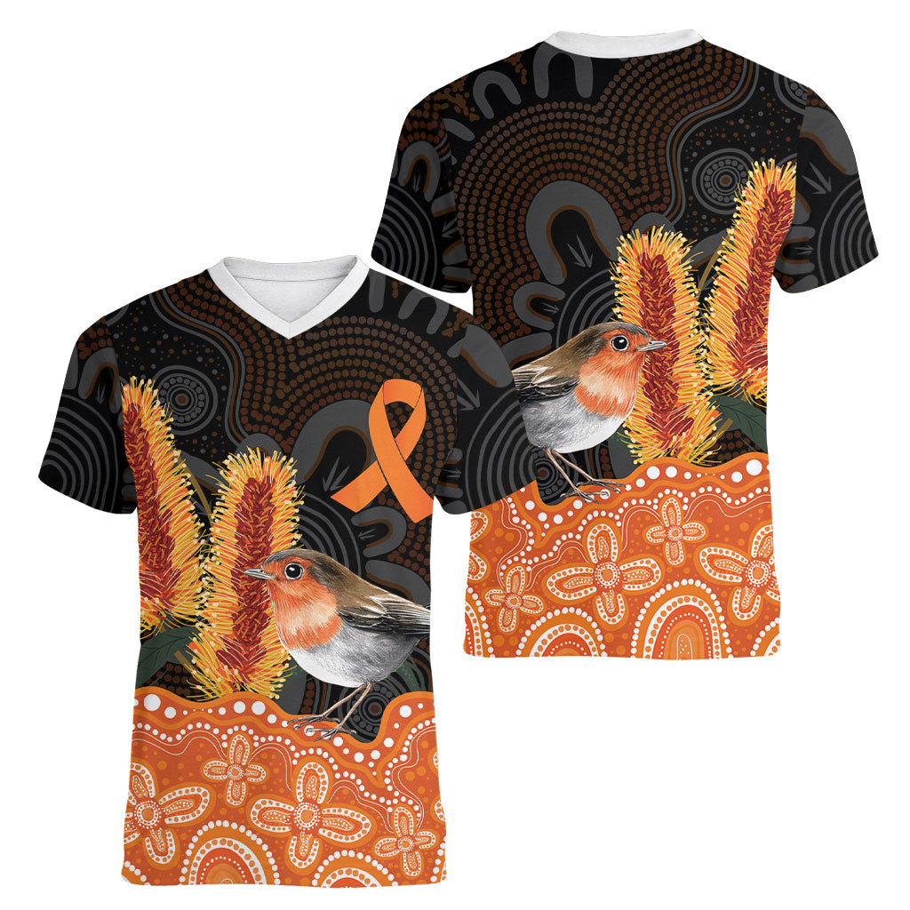 Australia Leukemia Awareness Month Women V-Neck T-Shirt Flame Robin Bottlebrush Aboriginal Art