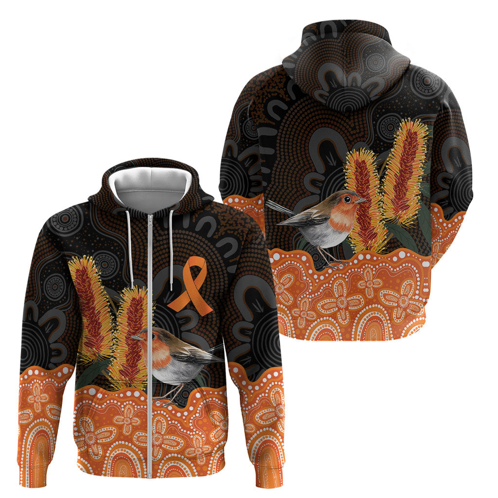 Australia Leukemia Awareness Month Zip Hoodie Flame Robin Bottlebrush Aboriginal Art