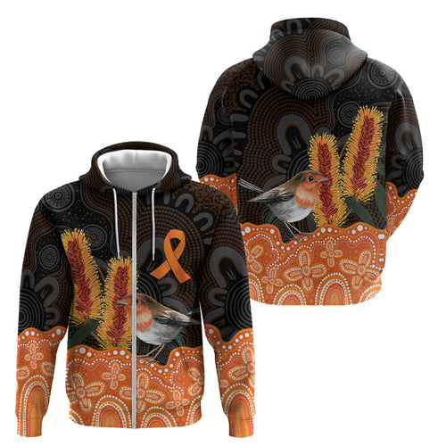Australia Leukemia Awareness Month Zip Hoodie Flame Robin Bottlebrush Aboriginal Art