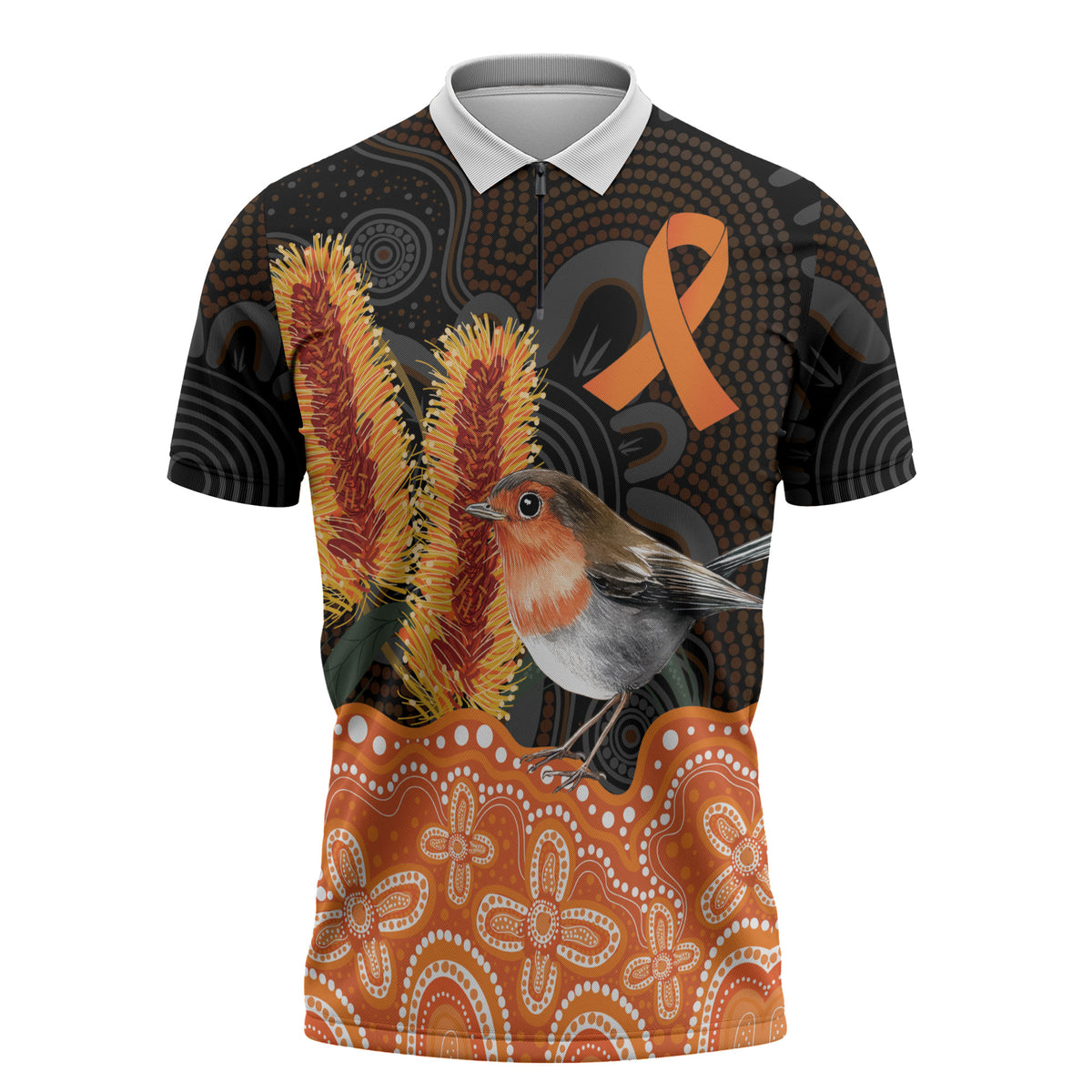 Australia Leukemia Awareness Month Zipper Polo Shirt Flame Robin Bottlebrush Aboriginal Art