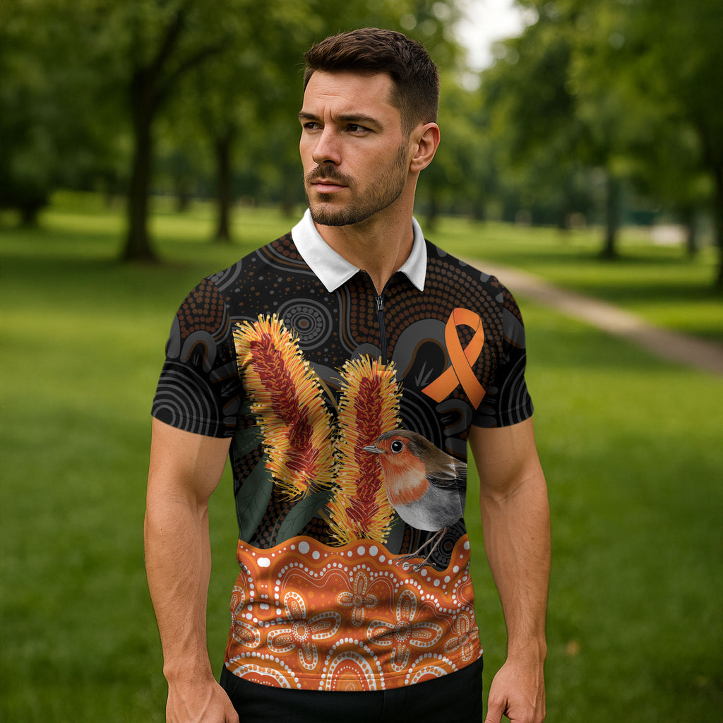 Australia Leukemia Awareness Month Zipper Polo Shirt Flame Robin Bottlebrush Aboriginal Art