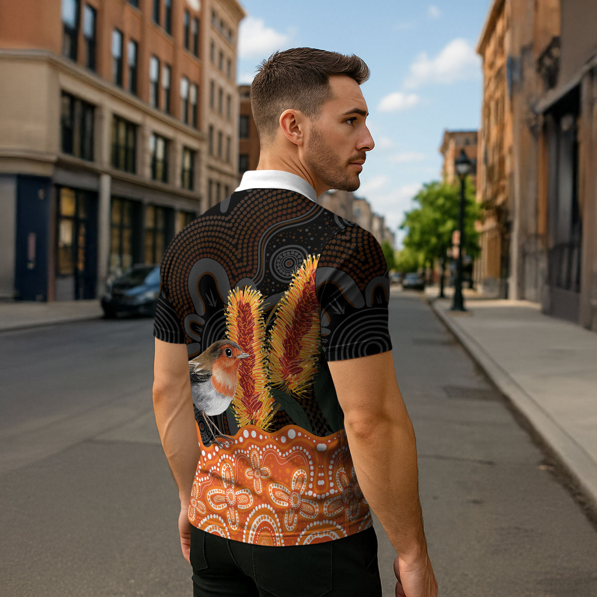 Australia Leukemia Awareness Month Zipper Polo Shirt Flame Robin Bottlebrush Aboriginal Art