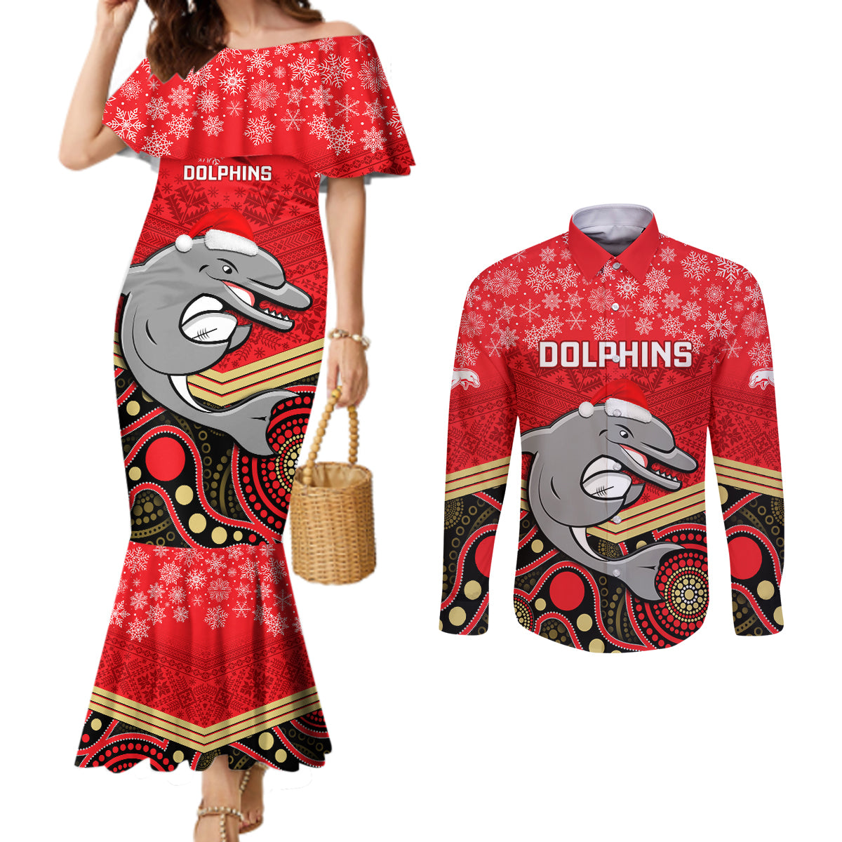 custom-dolphins-rugby-christmas-couples-matching-mermaid-dress-and-long-sleeve-button-shirt-merry-xmas-2023-mix-aboriginal-art