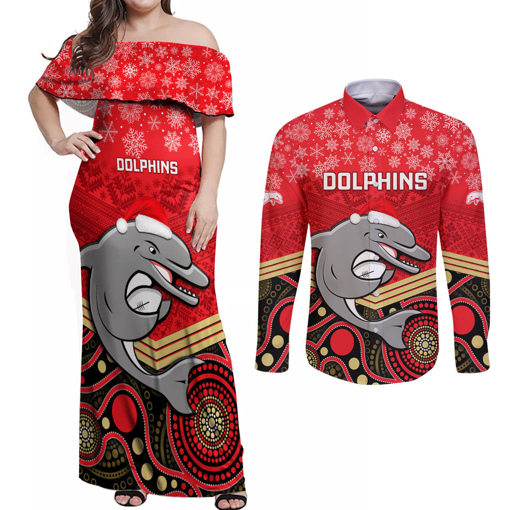 custom-dolphins-rugby-christmas-couples-matching-off-shoulder-maxi-dress-and-long-sleeve-button-shirt-merry-xmas-2023-mix-aboriginal-art