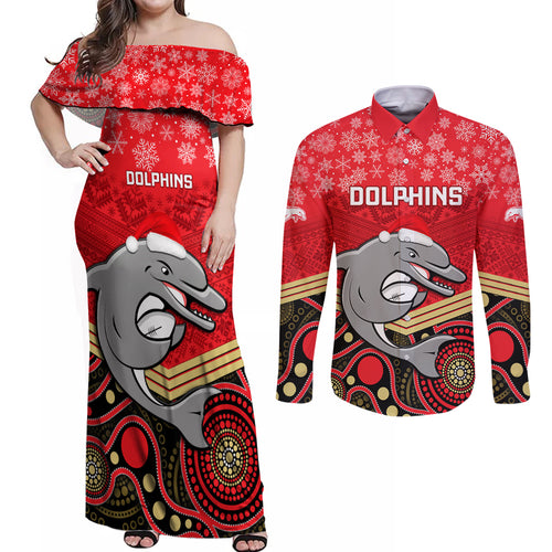 custom-dolphins-rugby-christmas-couples-matching-off-shoulder-maxi-dress-and-long-sleeve-button-shirt-merry-xmas-2023-mix-aboriginal-art