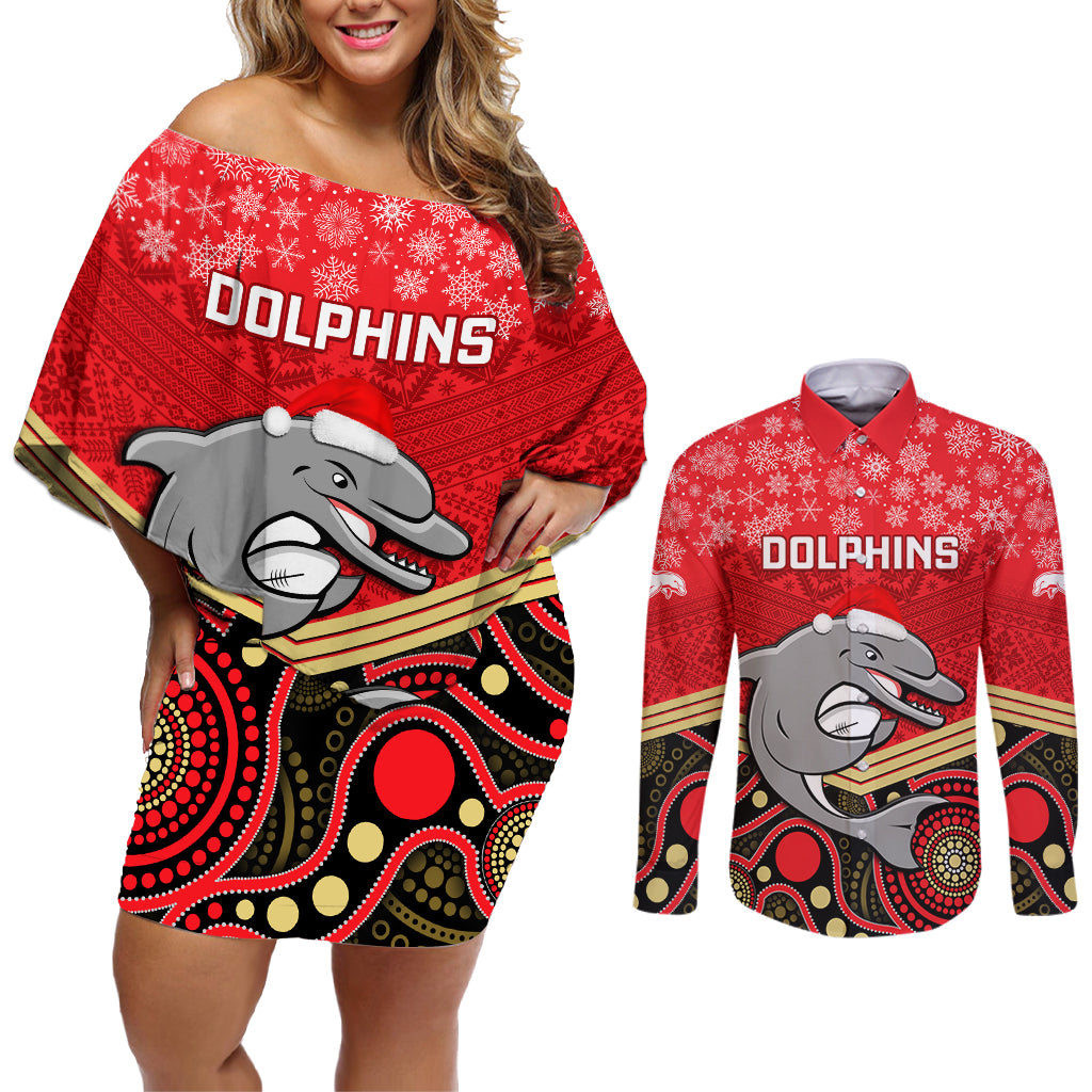 custom-dolphins-rugby-christmas-couples-matching-off-shoulder-short-dress-and-long-sleeve-button-shirt-merry-xmas-2023-mix-aboriginal-art