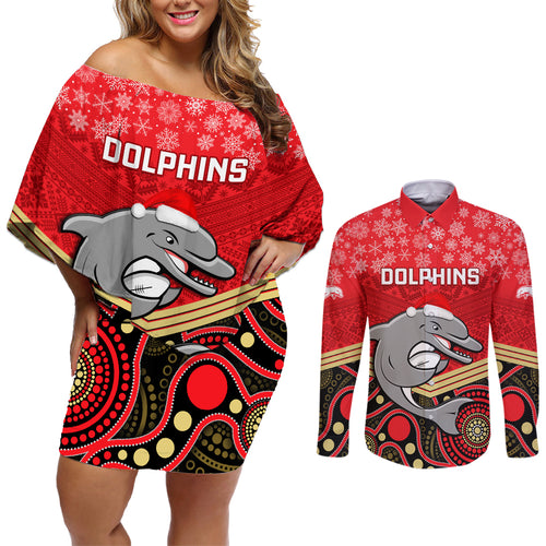 custom-dolphins-rugby-christmas-couples-matching-off-shoulder-short-dress-and-long-sleeve-button-shirt-merry-xmas-2023-mix-aboriginal-art