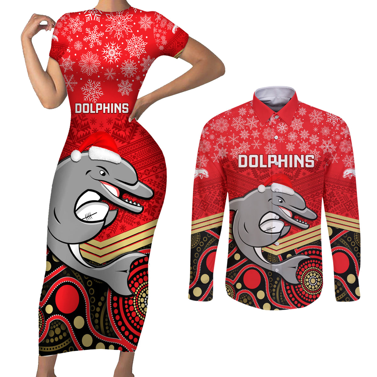 custom-dolphins-rugby-christmas-couples-matching-short-sleeve-bodycon-dress-and-long-sleeve-button-shirt-merry-xmas-2023-mix-aboriginal-art