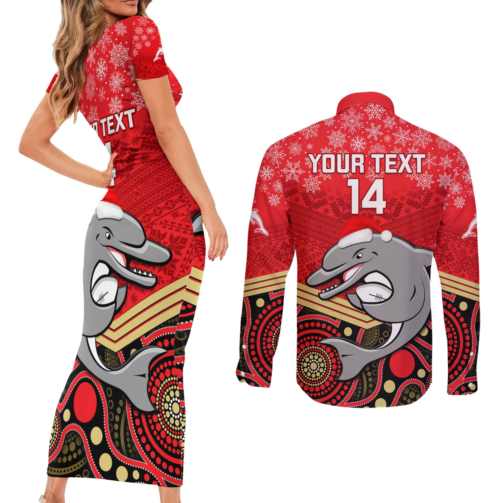 custom-dolphins-rugby-christmas-couples-matching-short-sleeve-bodycon-dress-and-long-sleeve-button-shirt-merry-xmas-2023-mix-aboriginal-art