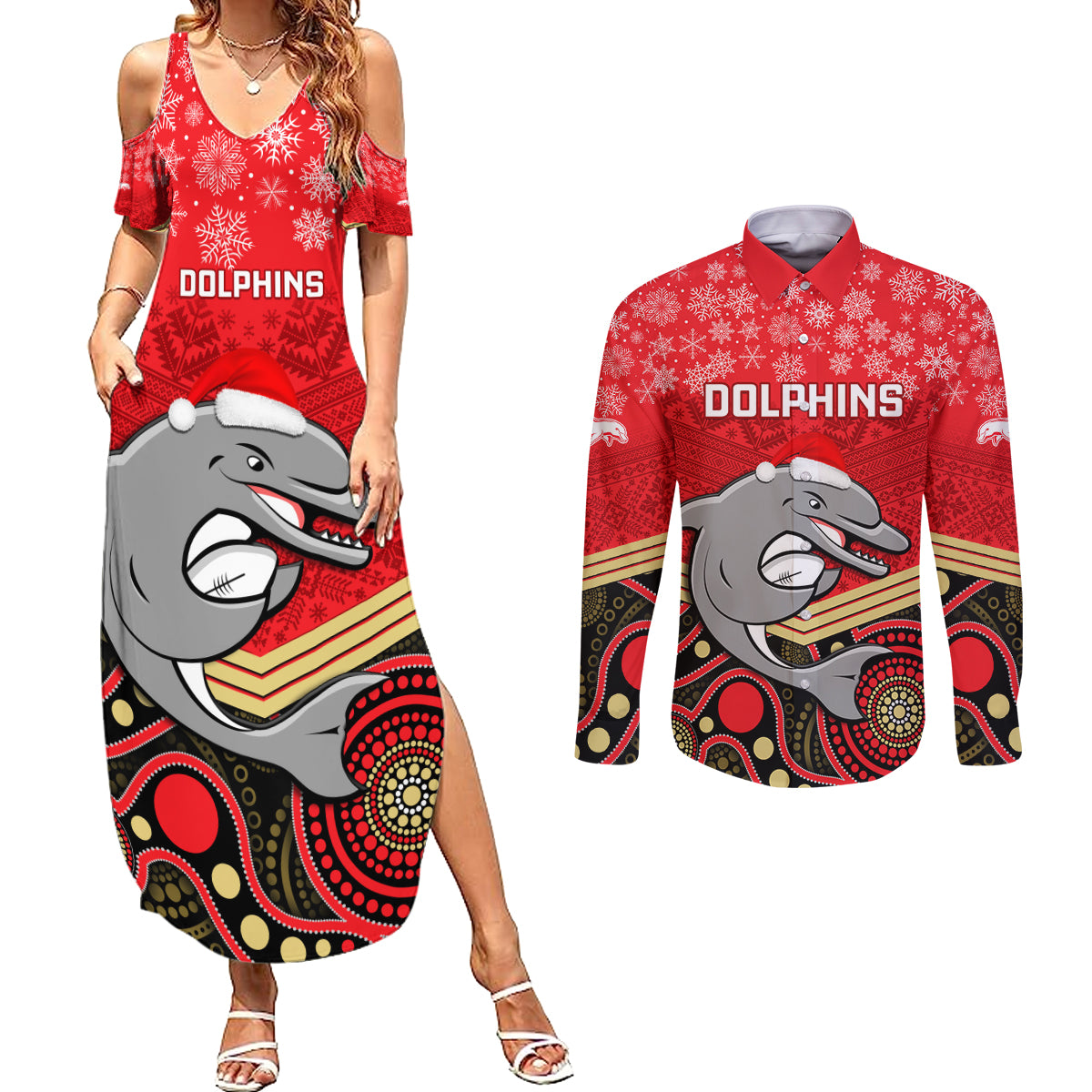 custom-dolphins-rugby-christmas-couples-matching-summer-maxi-dress-and-long-sleeve-button-shirt-merry-xmas-2023-mix-aboriginal-art