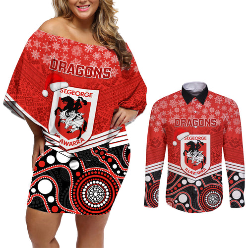 custom-dragons-rugby-christmas-couples-matching-off-shoulder-short-dress-and-long-sleeve-button-shirt-merry-xmas-2023-mix-aboriginal-art