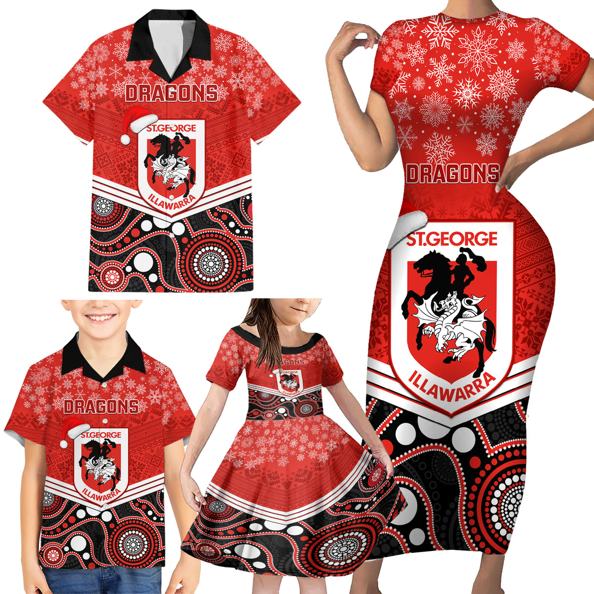 custom-dragons-rugby-christmas-family-matching-short-sleeve-bodycon-dress-and-hawaiian-shirt-merry-xmas-2023-mix-aboriginal-art
