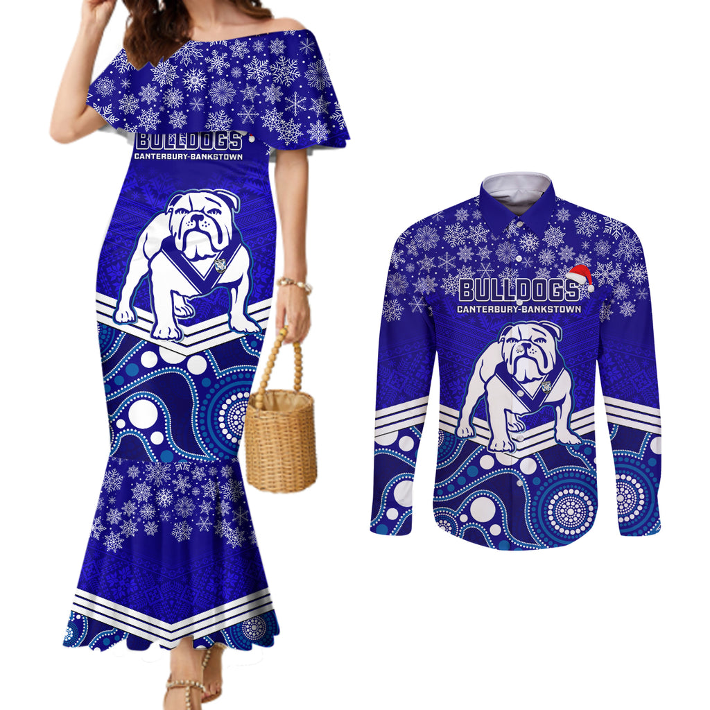 custom-bulldogs-rugby-christmas-couples-matching-mermaid-dress-and-long-sleeve-button-shirt-merry-xmas-2023-mix-aboriginal-art