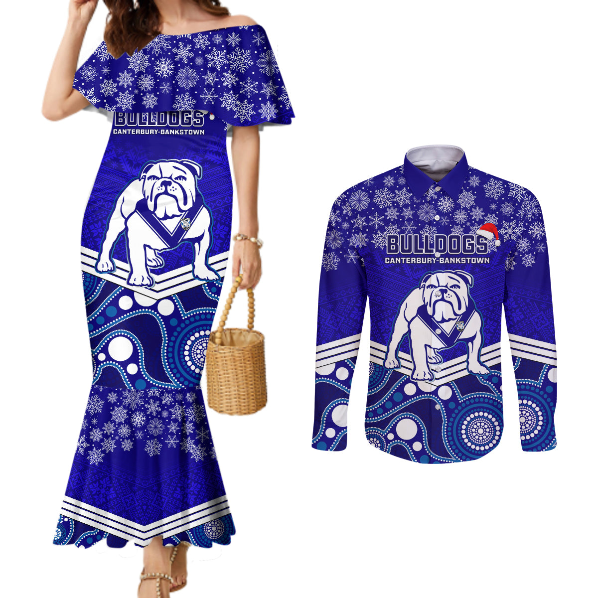 custom-bulldogs-rugby-christmas-couples-matching-mermaid-dress-and-long-sleeve-button-shirt-merry-xmas-2023-mix-aboriginal-art