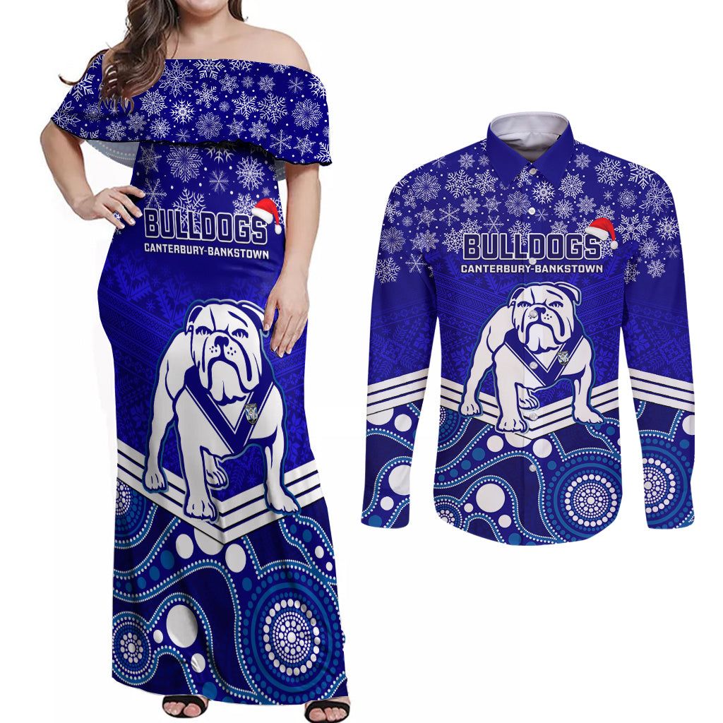 custom-bulldogs-rugby-christmas-couples-matching-off-shoulder-maxi-dress-and-long-sleeve-button-shirt-merry-xmas-2023-mix-aboriginal-art