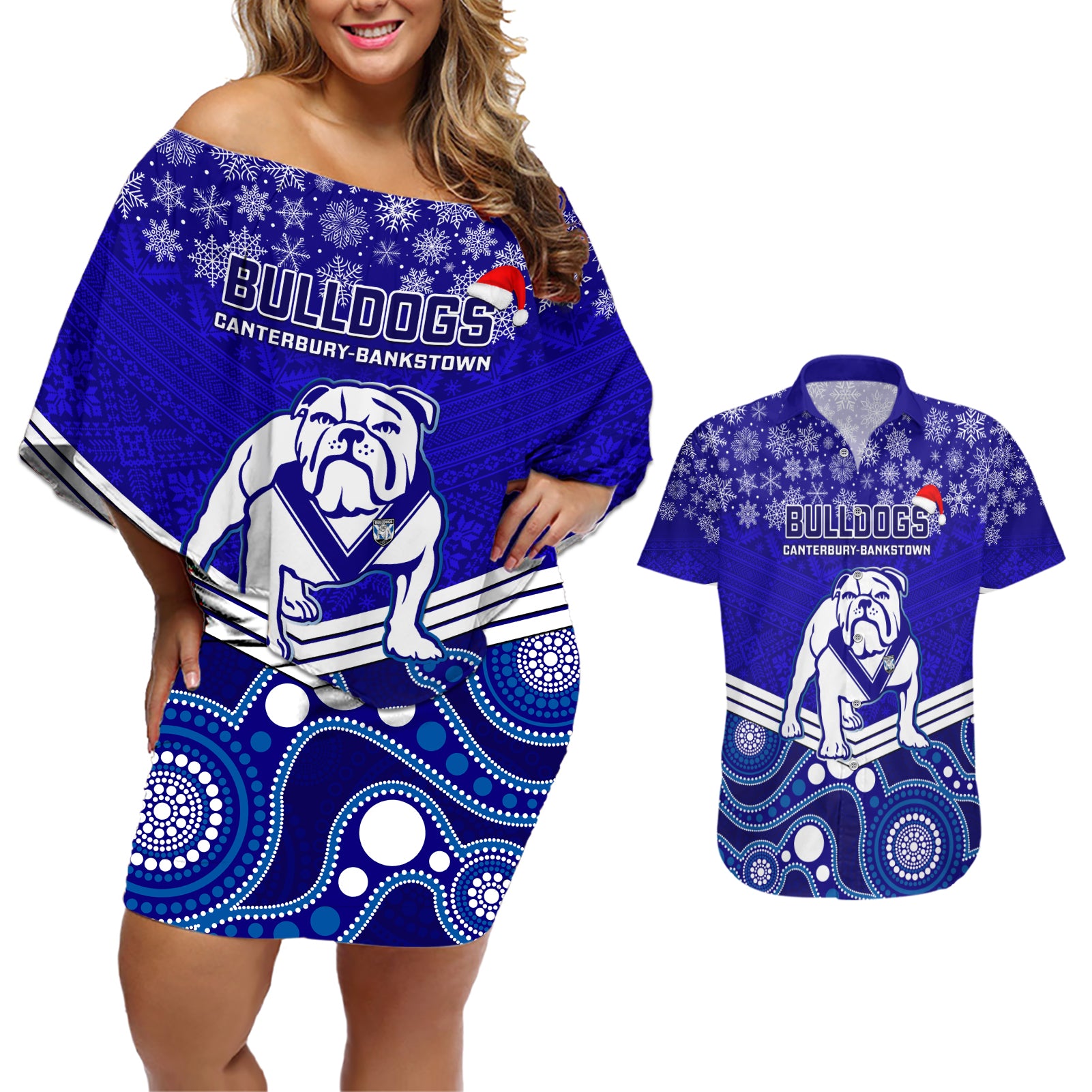 custom-bulldogs-rugby-christmas-couples-matching-off-shoulder-short-dress-and-hawaiian-shirt-merry-xmas-2023-mix-aboriginal-art