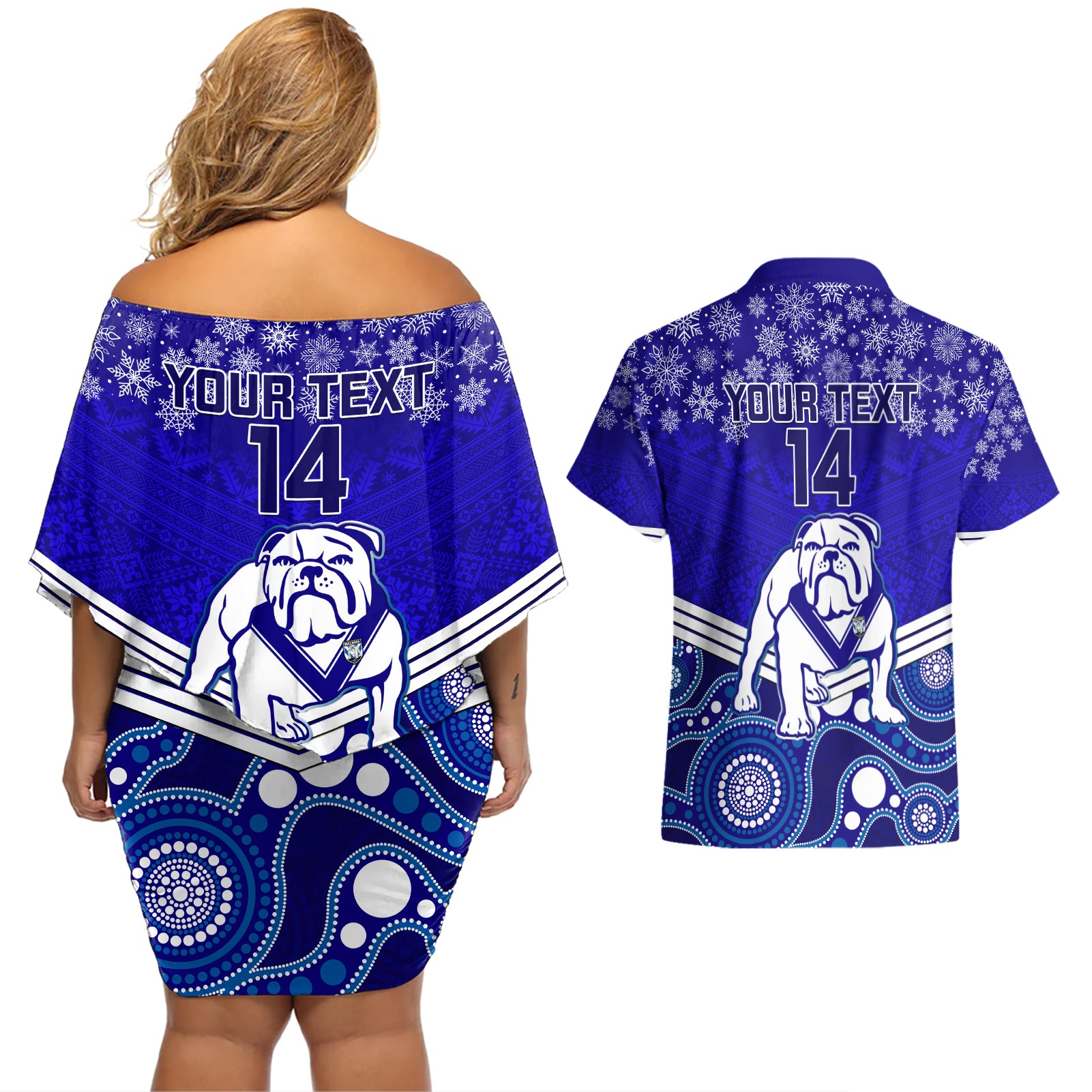 custom-bulldogs-rugby-christmas-couples-matching-off-shoulder-short-dress-and-hawaiian-shirt-merry-xmas-2023-mix-aboriginal-art