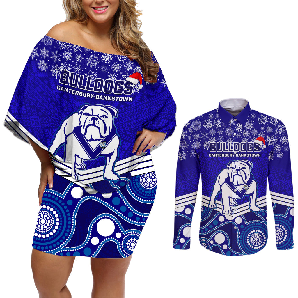 custom-bulldogs-rugby-christmas-couples-matching-off-shoulder-short-dress-and-long-sleeve-button-shirt-merry-xmas-2023-mix-aboriginal-art