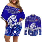 custom-bulldogs-rugby-christmas-couples-matching-off-shoulder-short-dress-and-long-sleeve-button-shirt-merry-xmas-2023-mix-aboriginal-art