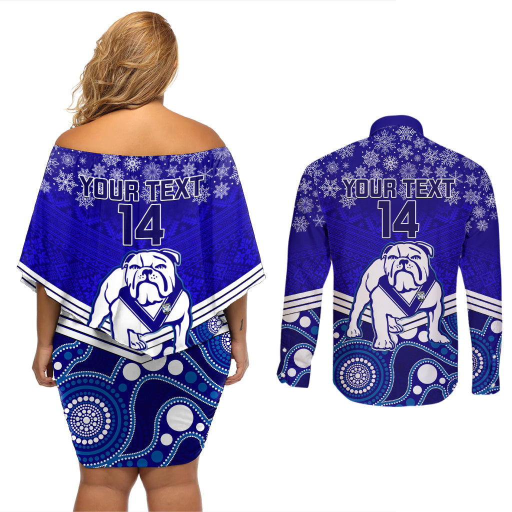 custom-bulldogs-rugby-christmas-couples-matching-off-shoulder-short-dress-and-long-sleeve-button-shirt-merry-xmas-2023-mix-aboriginal-art