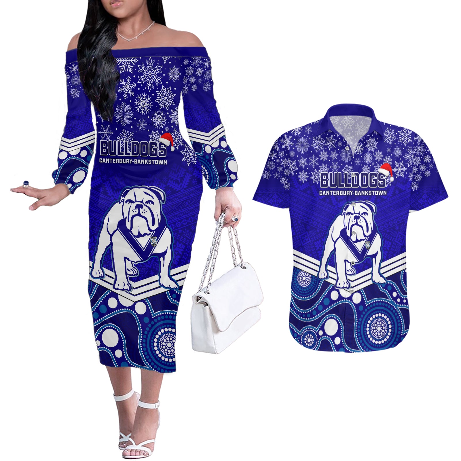 custom-bulldogs-rugby-christmas-couples-matching-off-the-shoulder-long-sleeve-dress-and-hawaiian-shirt-merry-xmas-2023-mix-aboriginal-art