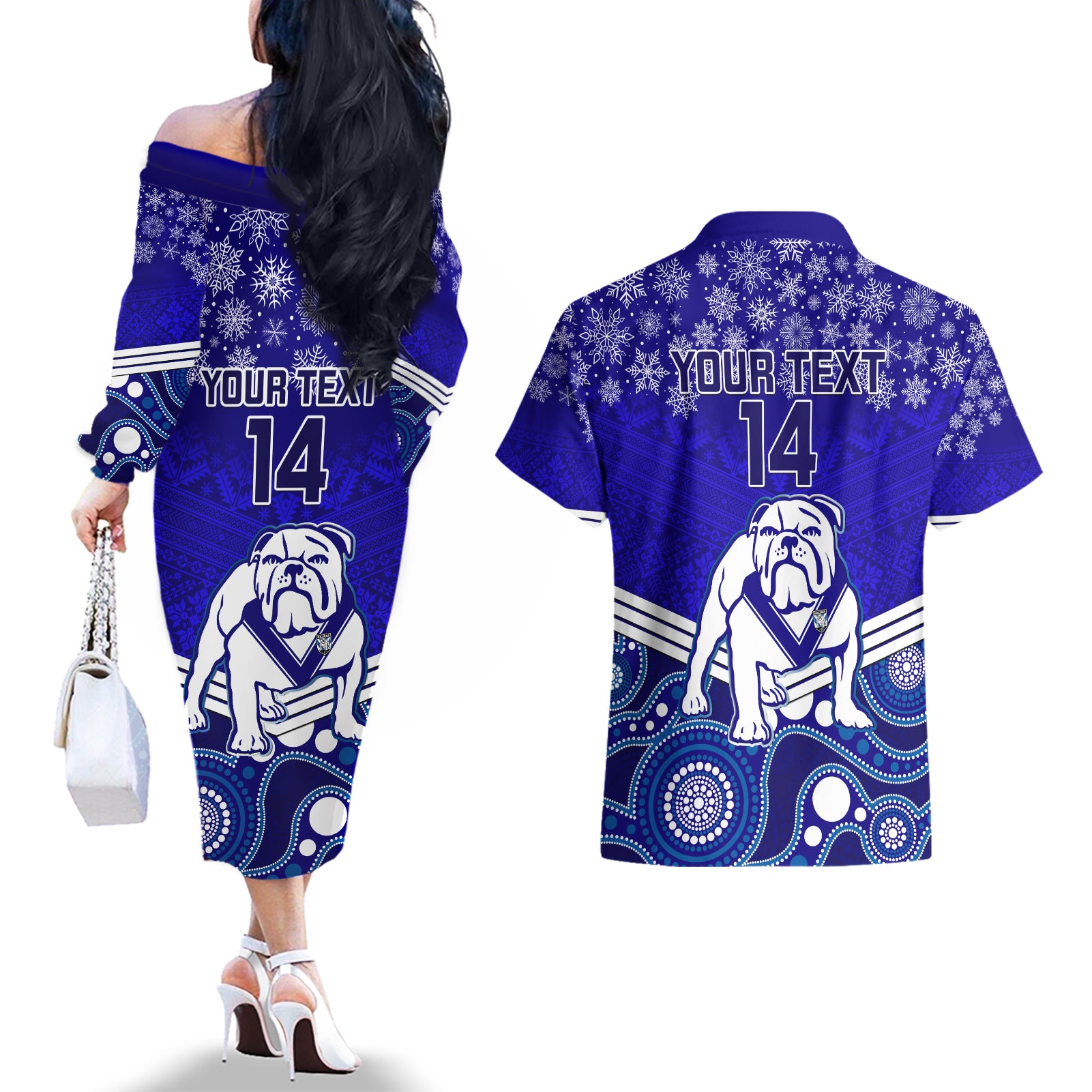 custom-bulldogs-rugby-christmas-couples-matching-off-the-shoulder-long-sleeve-dress-and-hawaiian-shirt-merry-xmas-2023-mix-aboriginal-art
