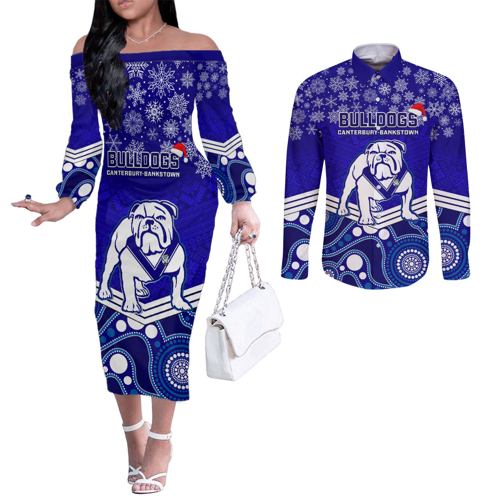 custom-bulldogs-rugby-christmas-couples-matching-off-the-shoulder-long-sleeve-dress-and-long-sleeve-button-shirt-merry-xmas-2023-mix-aboriginal-art
