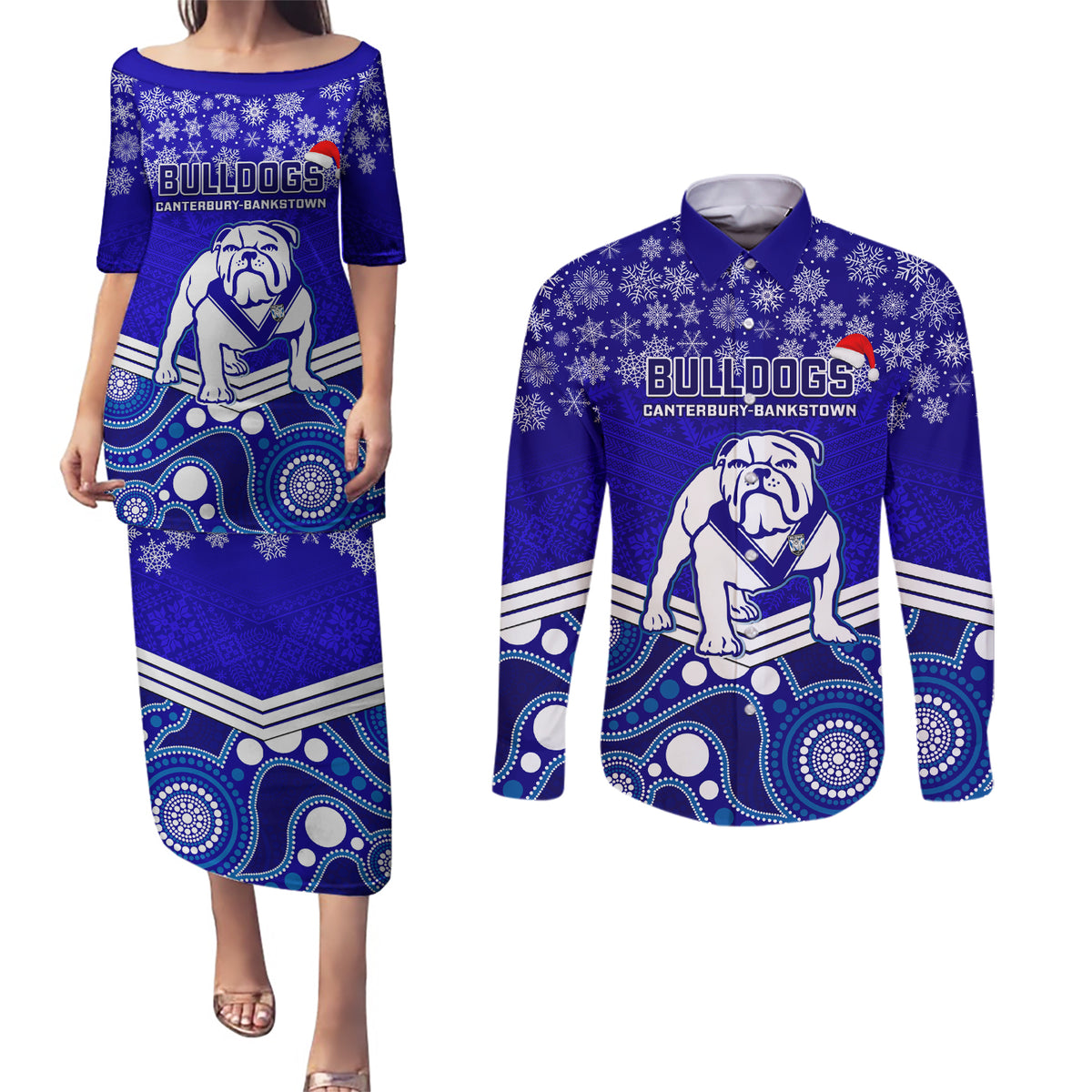 custom-bulldogs-rugby-christmas-couples-matching-puletasi-dress-and-long-sleeve-button-shirt-merry-xmas-2023-mix-aboriginal-art