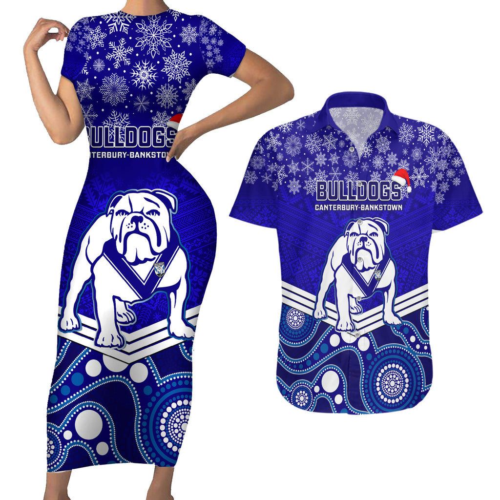 custom-bulldogs-rugby-christmas-couples-matching-short-sleeve-bodycon-dress-and-hawaiian-shirt-merry-xmas-2023-mix-aboriginal-art