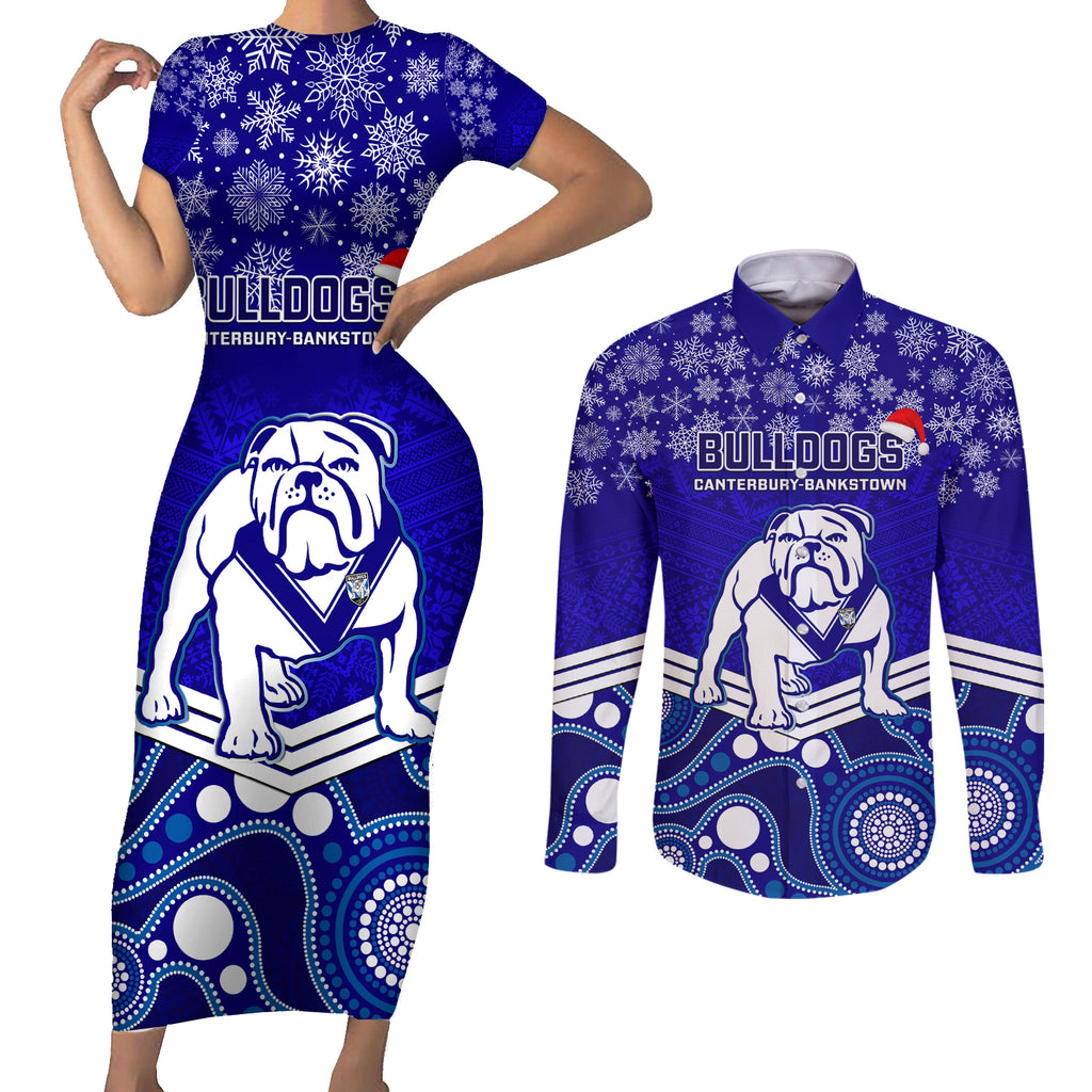 custom-bulldogs-rugby-christmas-couples-matching-short-sleeve-bodycon-dress-and-long-sleeve-button-shirt-merry-xmas-2023-mix-aboriginal-art