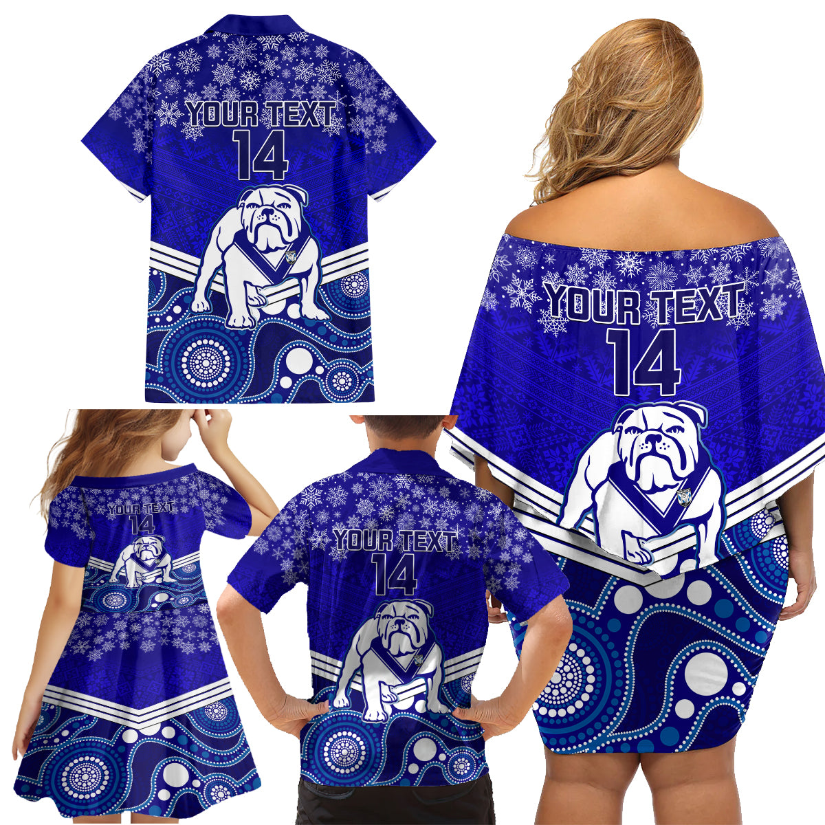 custom-bulldogs-rugby-christmas-family-matching-off-shoulder-short-dress-and-hawaiian-shirt-merry-xmas-2023-mix-aboriginal-art