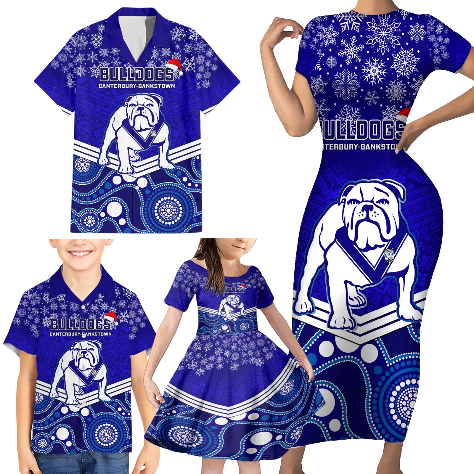 custom-bulldogs-rugby-christmas-family-matching-short-sleeve-bodycon-dress-and-hawaiian-shirt-merry-xmas-2023-mix-aboriginal-art