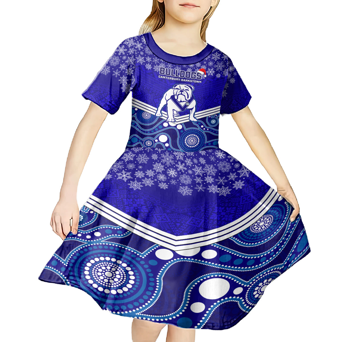 custom-bulldogs-rugby-christmas-kid-short-sleeve-dress-merry-xmas-2023-mix-aboriginal-art