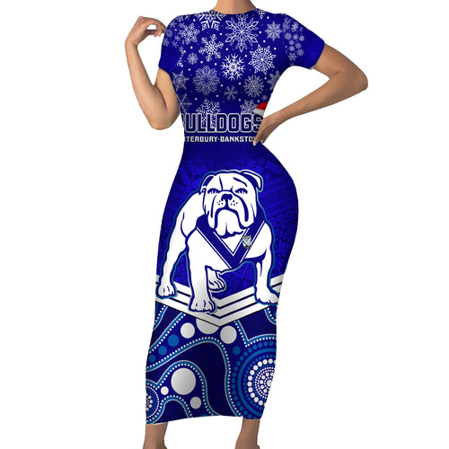 custom-bulldogs-rugby-christmas-short-sleeve-bodycon-dress-merry-xmas-2023-mix-aboriginal-art