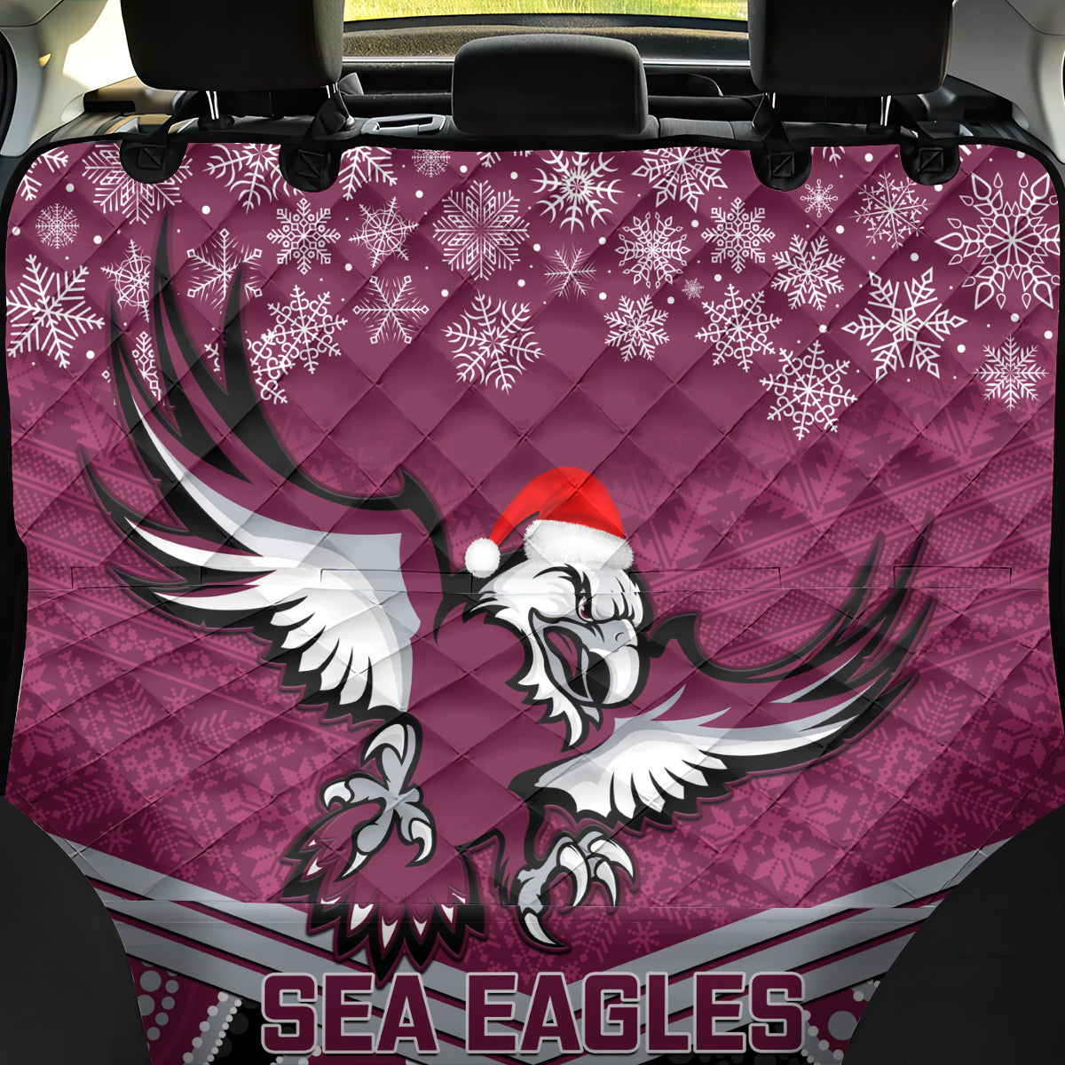 custom-sea-eagles-rugby-christmas-back-car-seat-cover-merry-xmas-2023-mix-aboriginal-art