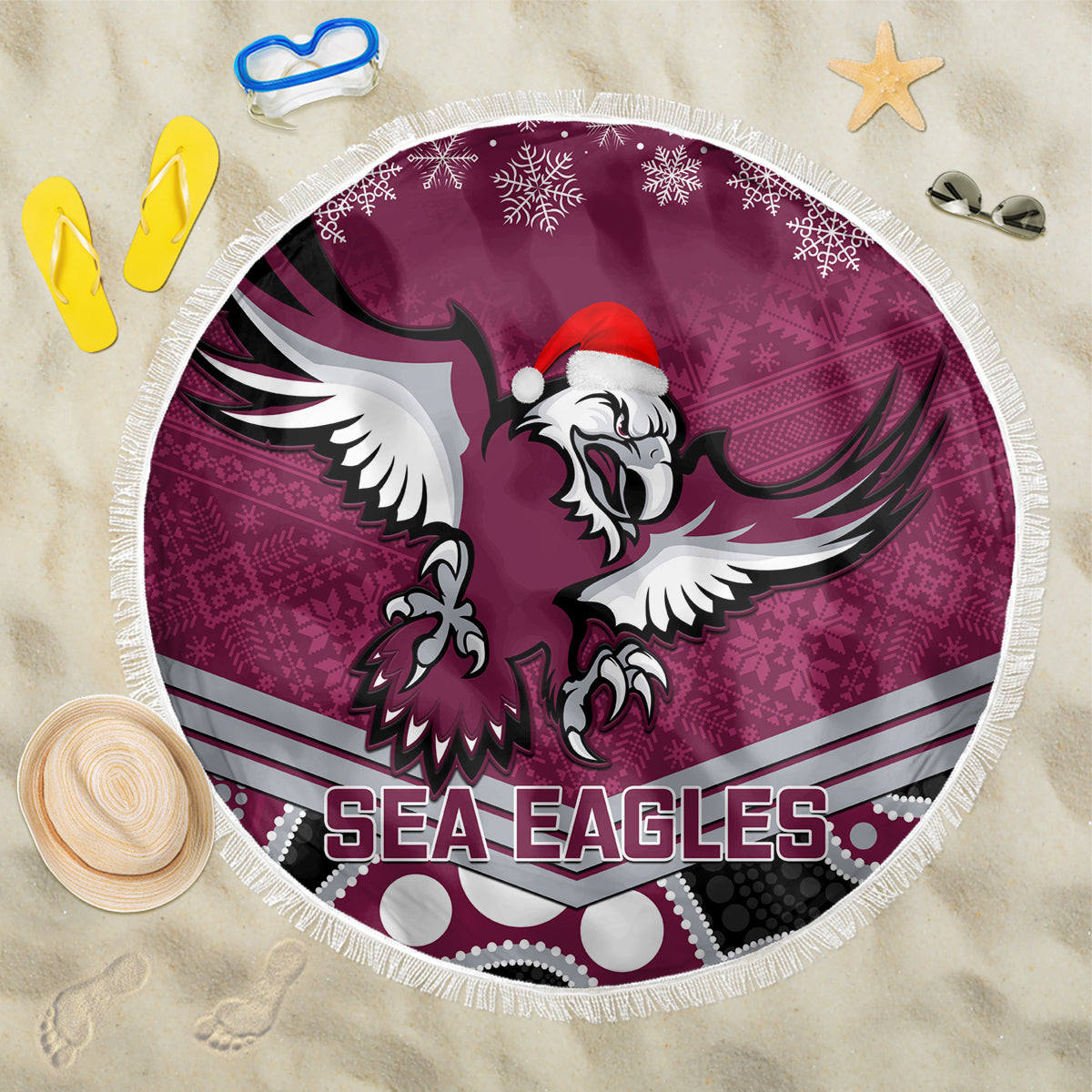 custom-sea-eagles-rugby-christmas-beach-blanket-merry-xmas-2023-mix-aboriginal-art